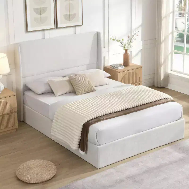 Queen/King Size Velvet Upholstered Platform Bed Frame with Wingback Headboard and Walnut Wooden Legs, Beige, No Box Spring Needed-ModernLuxe