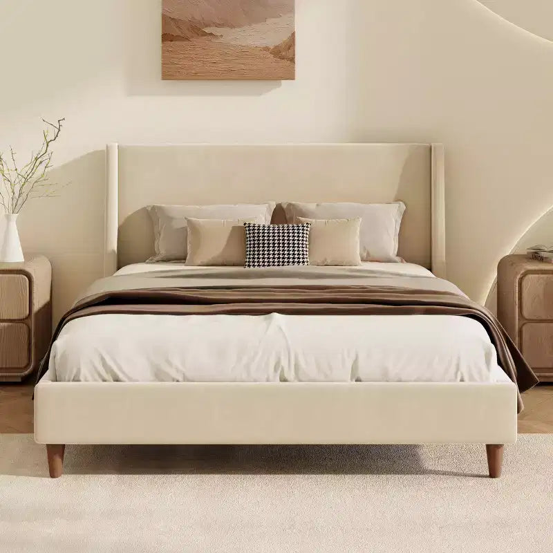 Queen/King Size Velvet Upholstered Platform Bed Frame with Wingback Headboard and Walnut Wooden Legs, Beige, No Box Spring Needed-ModernLuxe