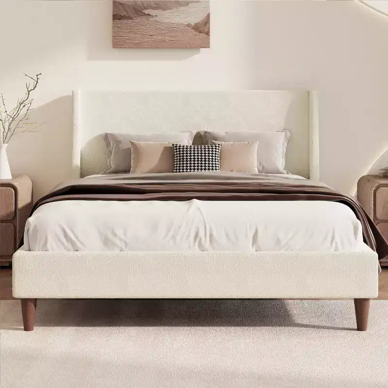 Queen/King Size Velvet Upholstered Platform Bed Frame with Wingback Headboard and Walnut Wooden Legs, Beige, No Box Spring Needed-ModernLuxe