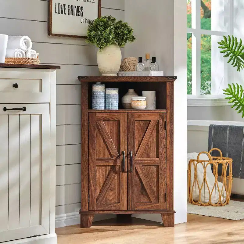 Bathroom Corner Cabinet with Barn Door & Adjustable Shelf, Farmhouse Small Storage Cabinet for Bathroom, Living Room