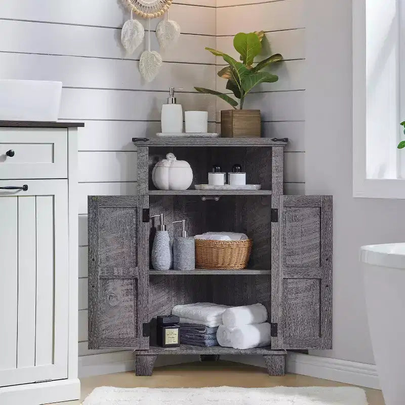 Bathroom Corner Cabinet with Barn Door & Adjustable Shelf, Farmhouse Small Storage Cabinet for Bathroom, Living Room