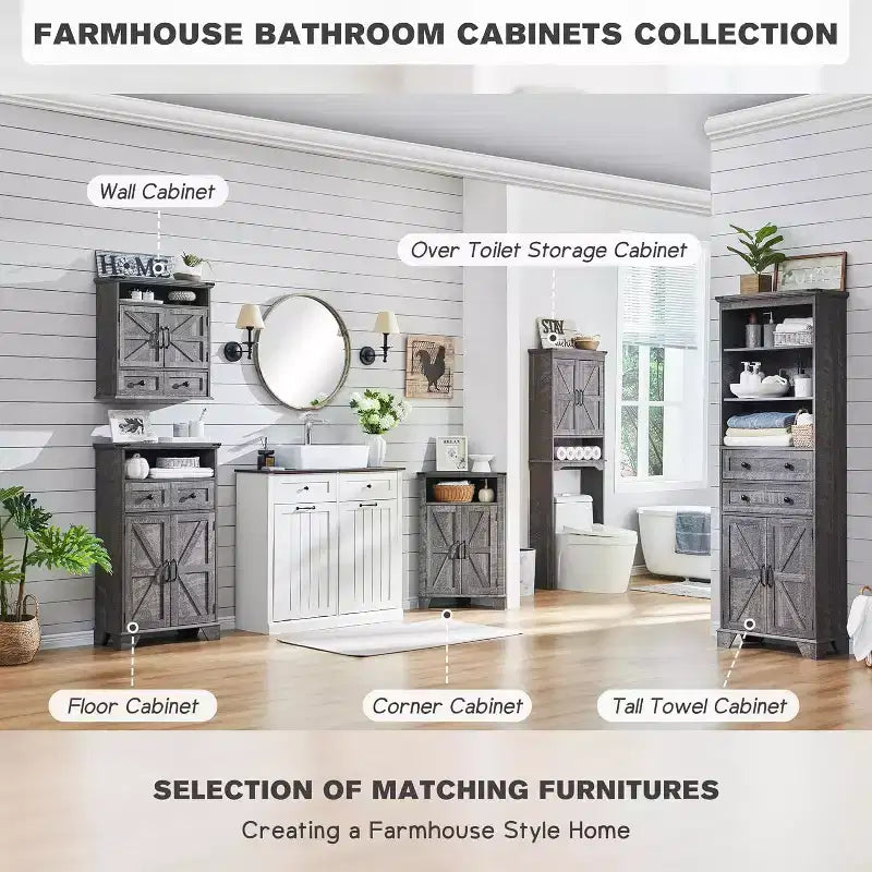 Bathroom Corner Cabinet with Barn Door & Adjustable Shelf, Farmhouse Small Storage Cabinet for Bathroom, Living Room