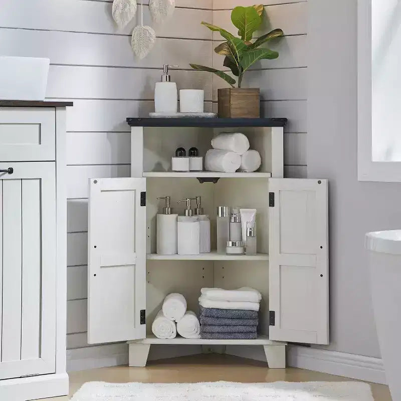 Bathroom Corner Cabinet with Barn Door & Adjustable Shelf, Farmhouse Small Storage Cabinet for Bathroom, Living Room