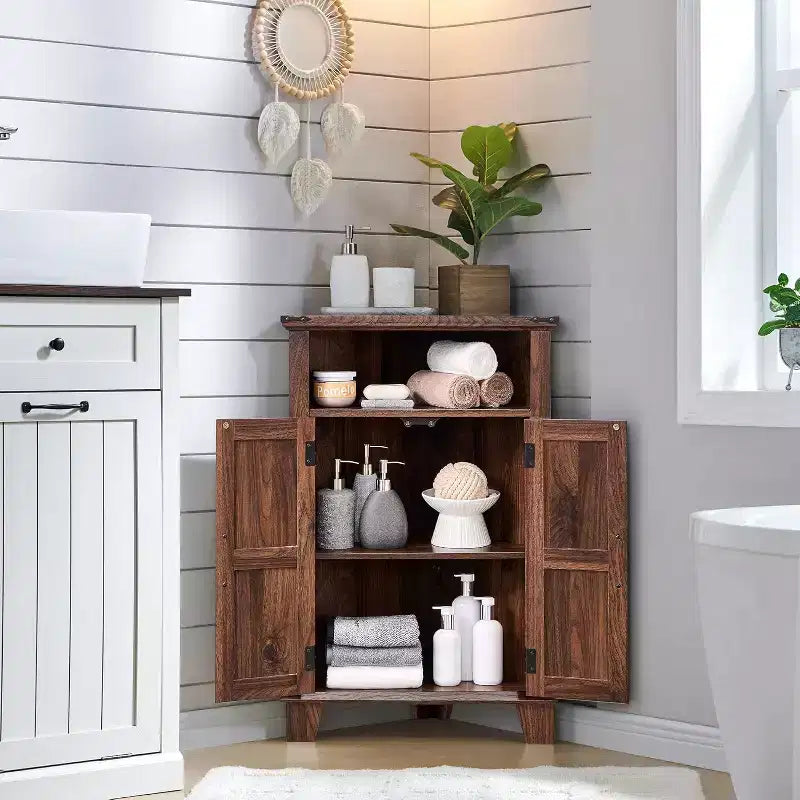 Bathroom Corner Cabinet with Barn Door & Adjustable Shelf, Farmhouse Small Storage Cabinet for Bathroom, Living Room