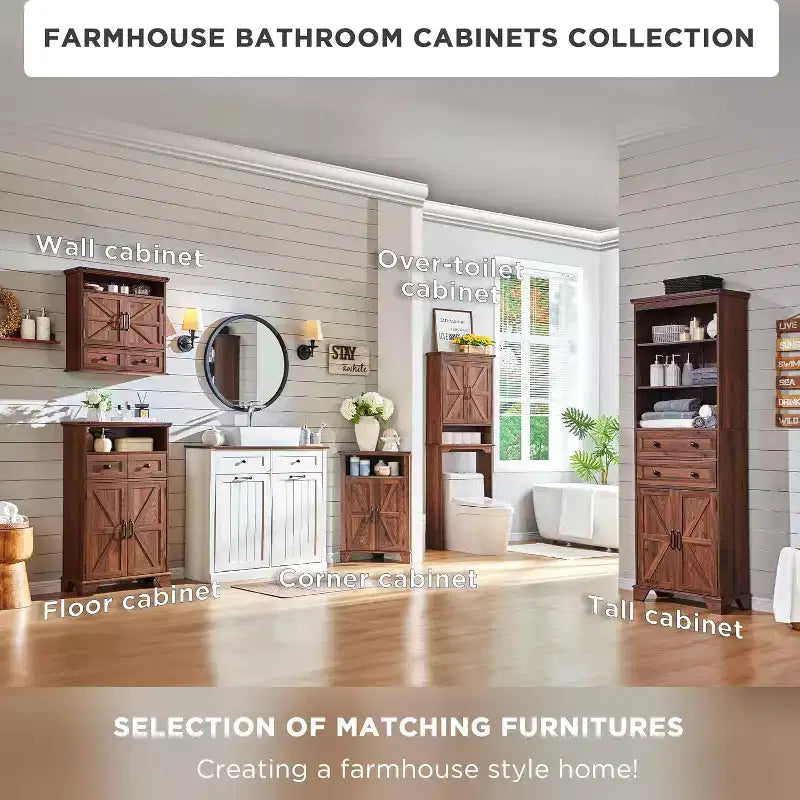 Bathroom Corner Cabinet with Barn Door & Adjustable Shelf, Farmhouse Small Storage Cabinet for Bathroom, Living Room