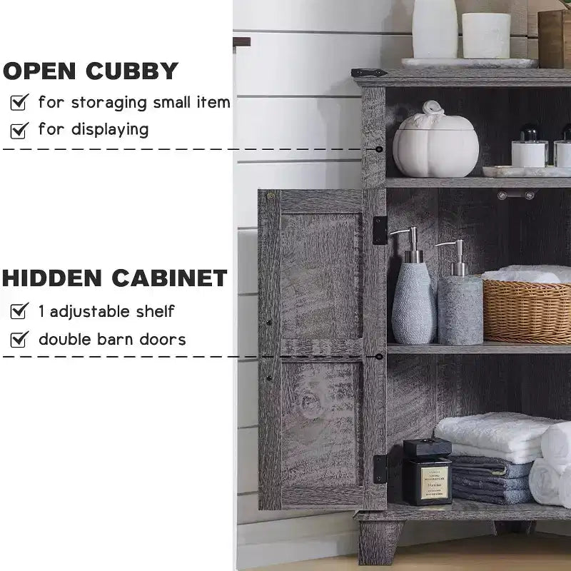 Bathroom Corner Cabinet with Barn Door & Adjustable Shelf, Farmhouse Small Storage Cabinet for Bathroom, Living Room
