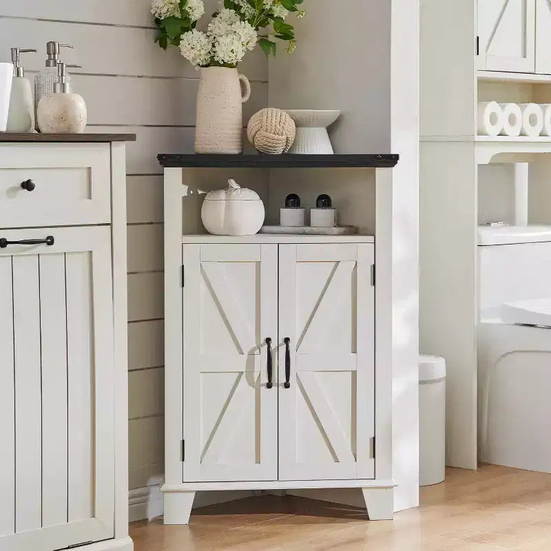 Bathroom Corner Cabinet with Barn Door & Adjustable Shelf, Farmhouse Small Storage Cabinet for Bathroom, Living Room