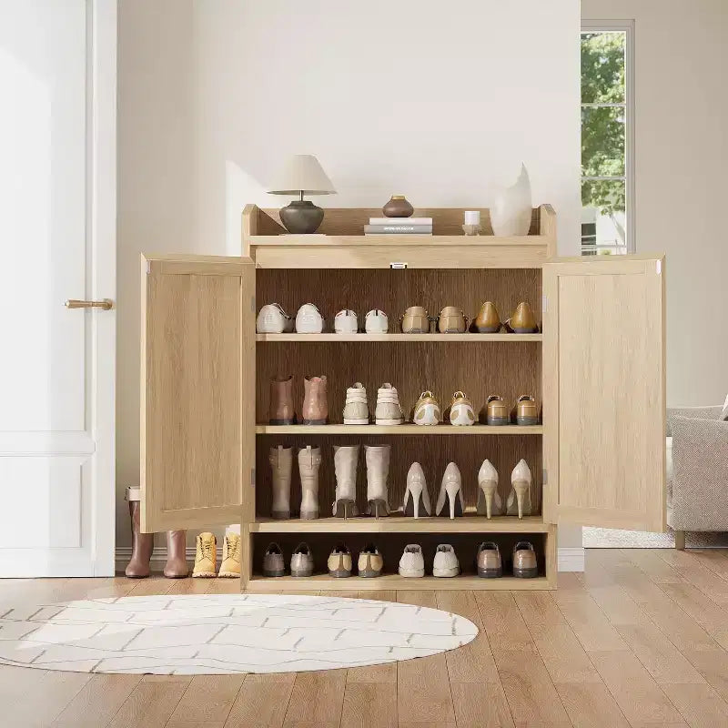 Acekool Rattan Shoe Cabinet with 2 Doors, 5-Tier Adjustable Shelves & Dust-Proof Storage, Entryway Organizer