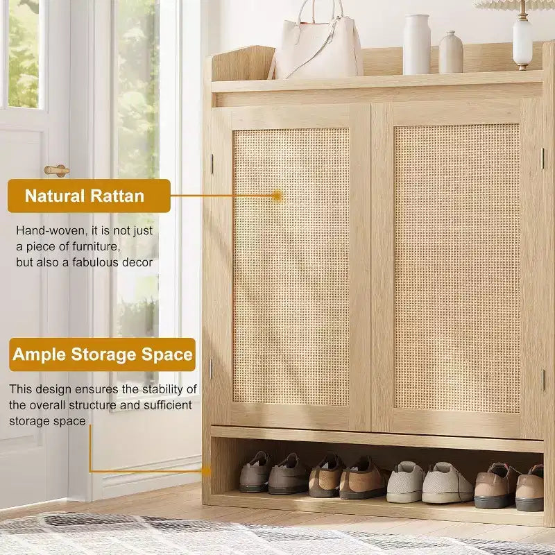 Acekool Rattan Shoe Cabinet with 2 Doors, 5-Tier Adjustable Shelves & Dust-Proof Storage, Entryway Organizer