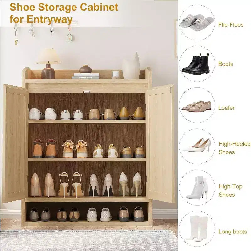 Acekool Rattan Shoe Cabinet with 2 Doors, 5-Tier Adjustable Shelves & Dust-Proof Storage, Entryway Organizer