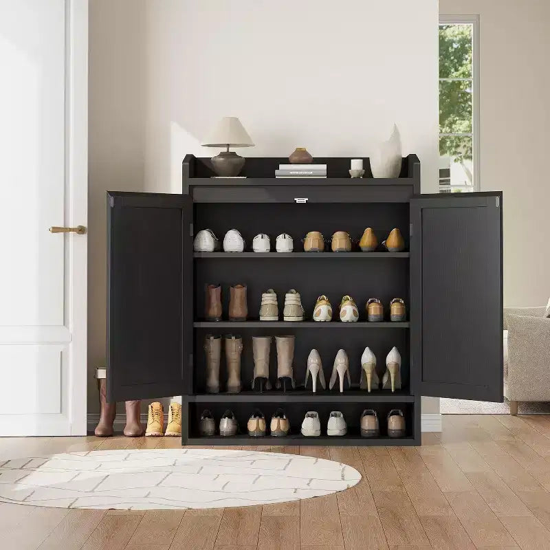 Acekool Rattan Shoe Cabinet with 2 Doors, 5-Tier Adjustable Shelves & Dust-Proof Storage, Entryway Organizer