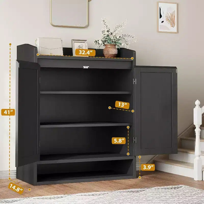 Acekool Rattan Shoe Cabinet with 2 Doors, 5-Tier Adjustable Shelves & Dust-Proof Storage, Entryway Organizer
