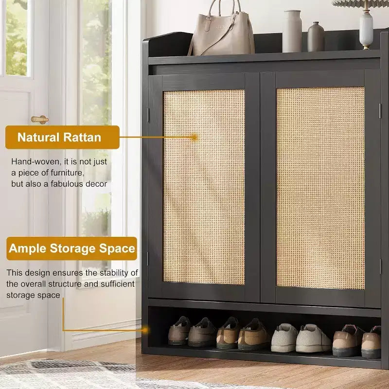 Acekool Rattan Shoe Cabinet with 2 Doors, 5-Tier Adjustable Shelves & Dust-Proof Storage, Entryway Organizer