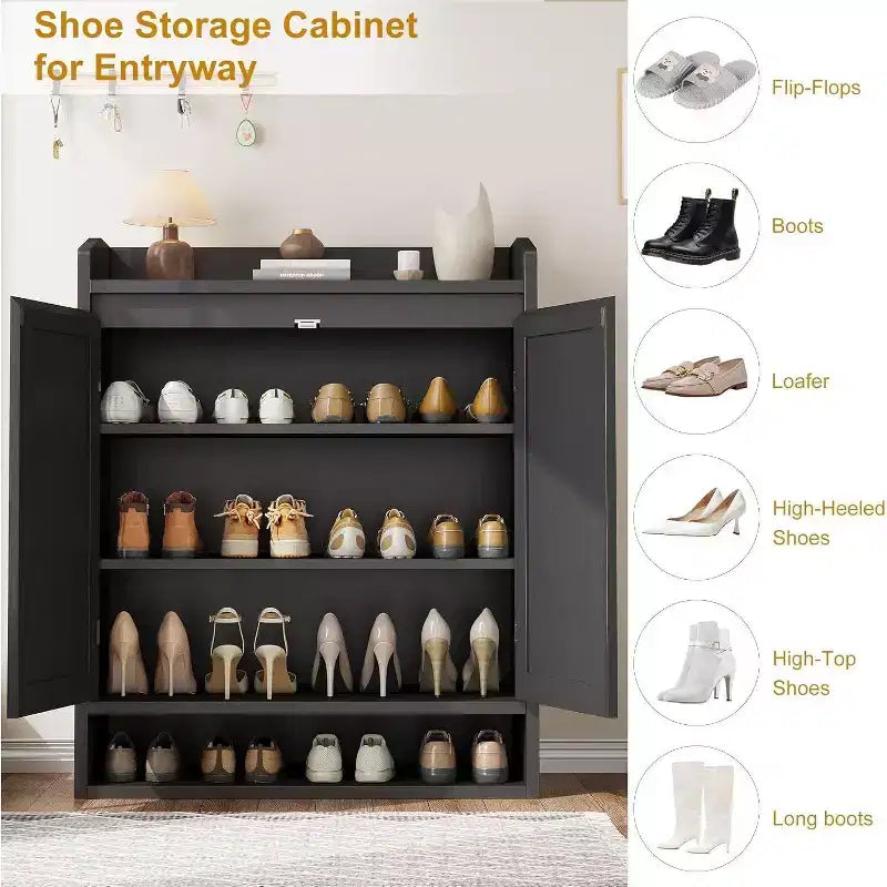 Acekool Rattan Shoe Cabinet with 2 Doors, 5-Tier Adjustable Shelves & Dust-Proof Storage, Entryway Organizer