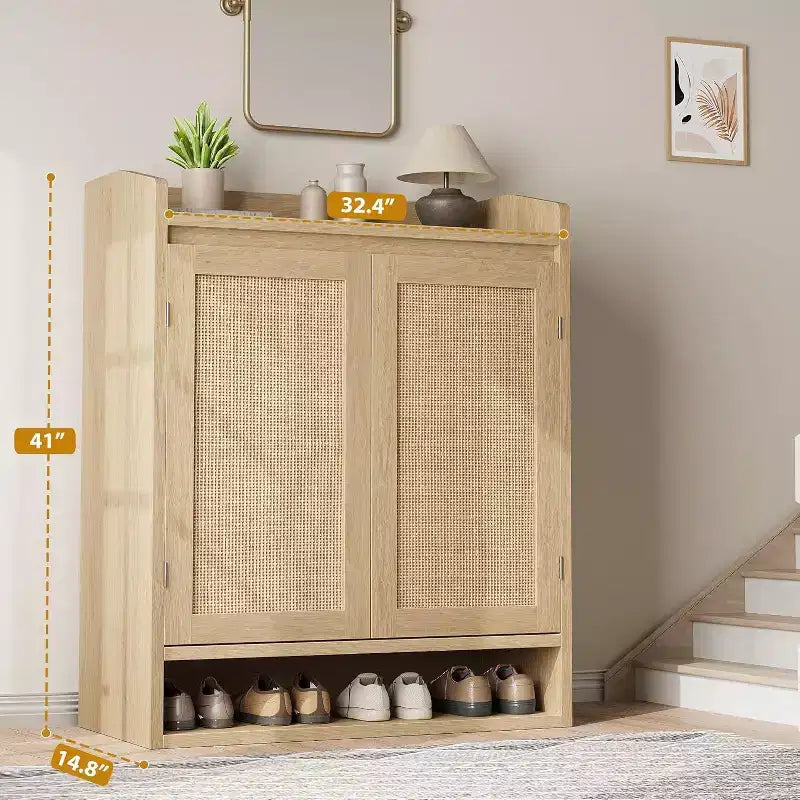 Acekool Rattan Shoe Cabinet with 2 Doors, 5-Tier Adjustable Shelves & Dust-Proof Storage, Entryway Organizer