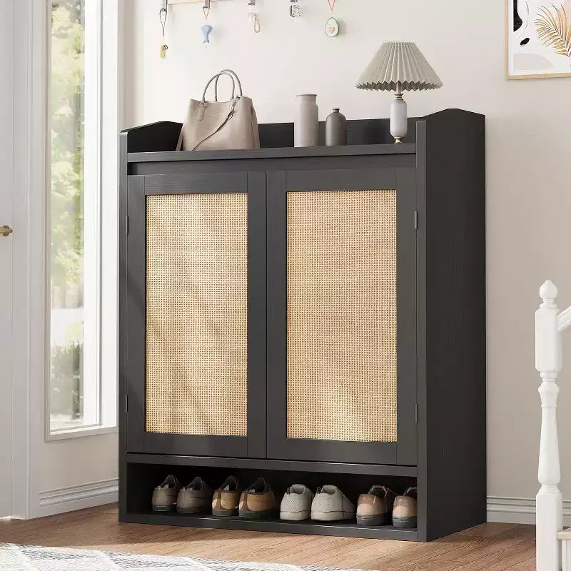 Acekool Rattan Shoe Cabinet with 2 Doors, 5-Tier Adjustable Shelves & Dust-Proof Storage, Entryway Organizer