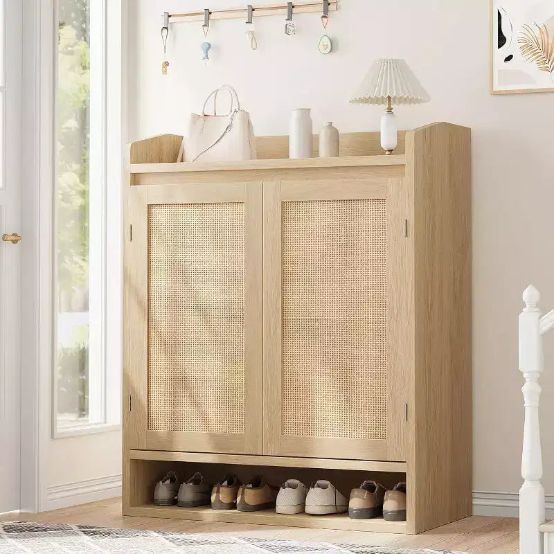 Acekool Rattan Shoe Cabinet with 2 Doors, 5-Tier Adjustable Shelves & Dust-Proof Storage, Entryway Organizer