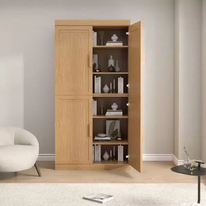 62x31x16 Wood Accent Cabinet in Natural Color, Storage Organizer with Adjustable Shelves for Kitchen Bedroom Entryway Living Room Dinning Room