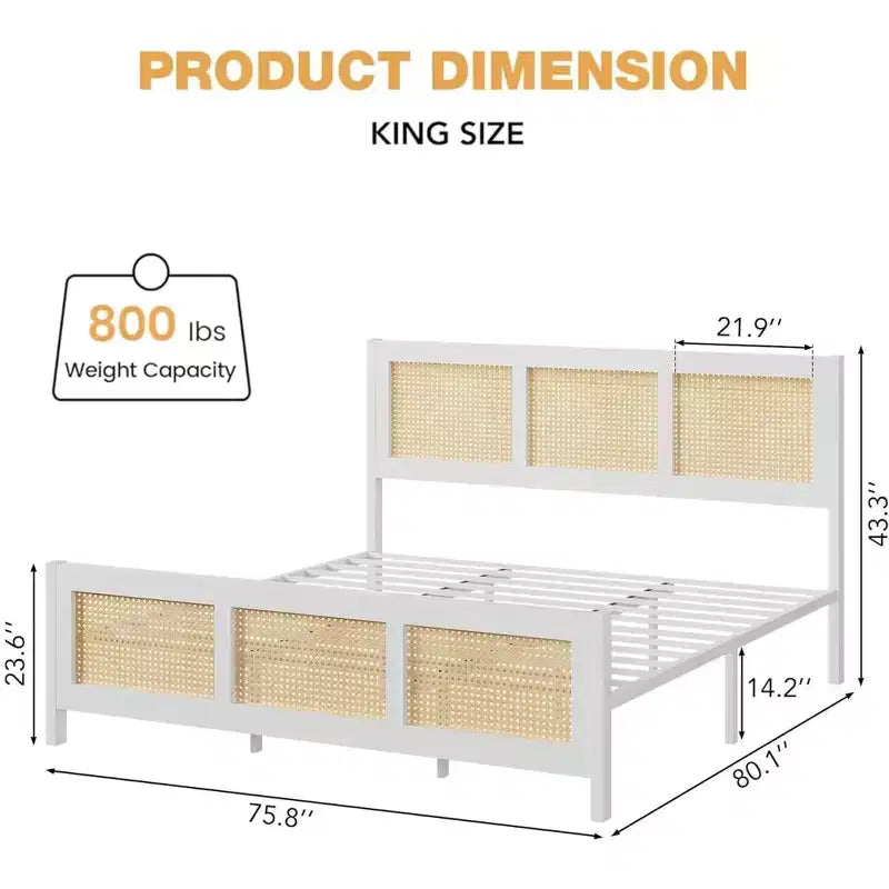 Whizmax Rattan Bed Frame with Headboard, Bed Frame with Strong Metal Slats Support, Noise-Free Design, No Box Spring Needed