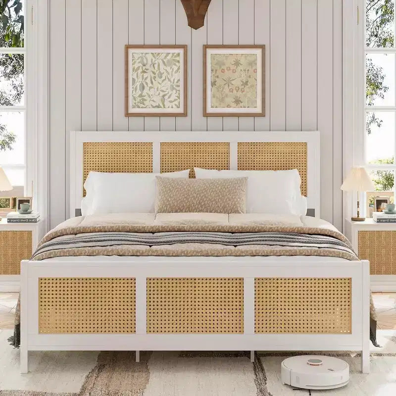 Whizmax Rattan Bed Frame with Headboard, Bed Frame with Strong Metal Slats Support, Noise-Free Design, No Box Spring Needed