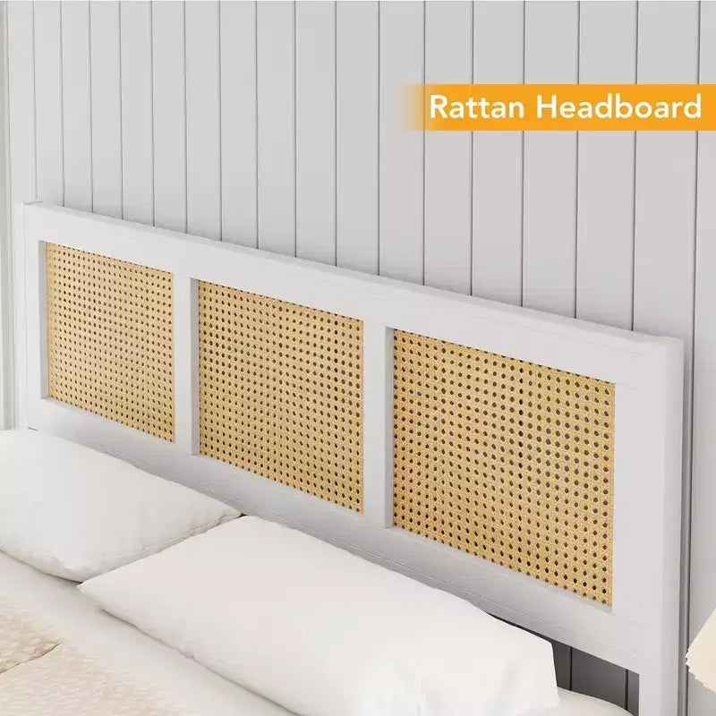 Whizmax Rattan Bed Frame with Headboard, Bed Frame with Strong Metal Slats Support, Noise-Free Design, No Box Spring Needed