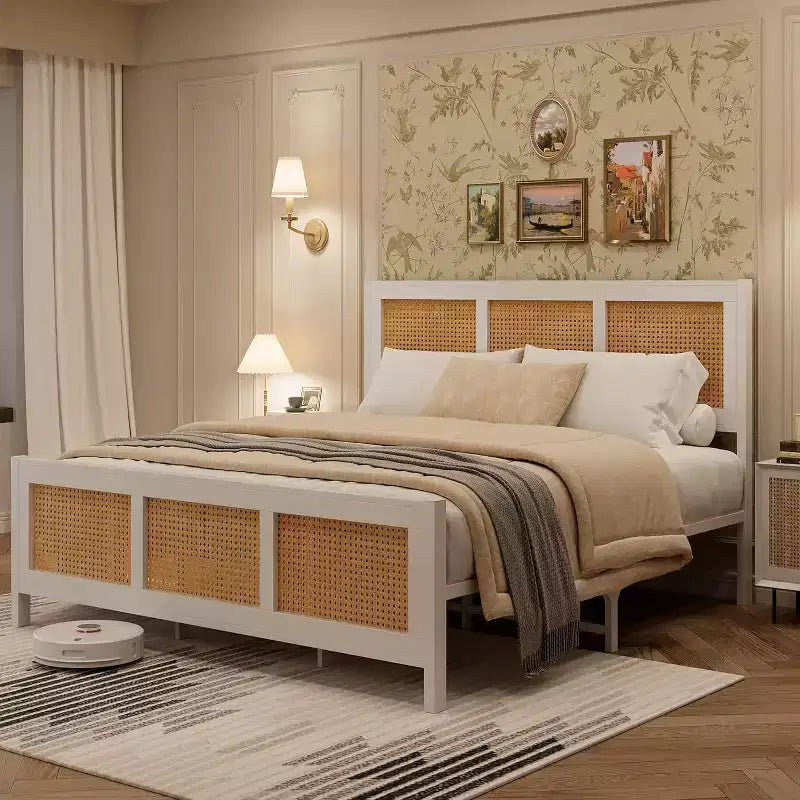 Whizmax Rattan Bed Frame with Headboard, Bed Frame with Strong Metal Slats Support, Noise-Free Design, No Box Spring Needed