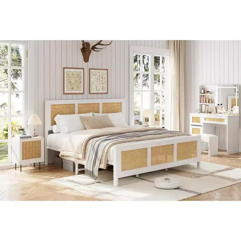 Whizmax Rattan Bed Frame with Headboard, Bed Frame with Strong Metal Slats Support, Noise-Free Design, No Box Spring Needed