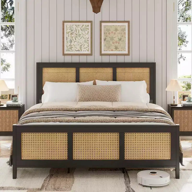 Whizmax Rattan Bed Frame with Headboard, Bed Frame with Strong Metal Slats Support, Noise-Free Design, No Box Spring Needed