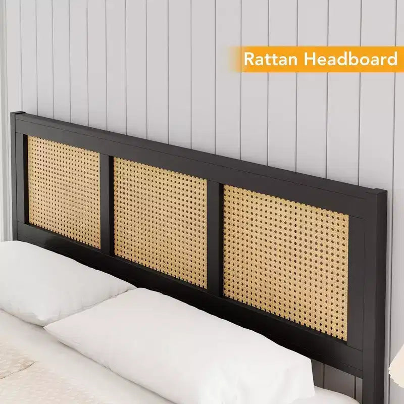Whizmax Rattan Bed Frame with Headboard, Bed Frame with Strong Metal Slats Support, Noise-Free Design, No Box Spring Needed