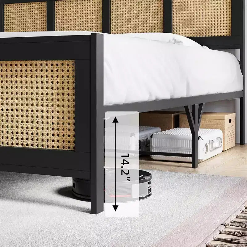 Whizmax Rattan Bed Frame with Headboard, Bed Frame with Strong Metal Slats Support, Noise-Free Design, No Box Spring Needed