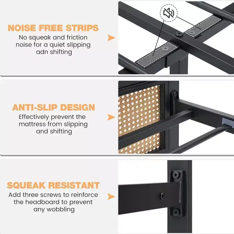 Whizmax Rattan Bed Frame with Headboard, Bed Frame with Strong Metal Slats Support, Noise-Free Design, No Box Spring Needed