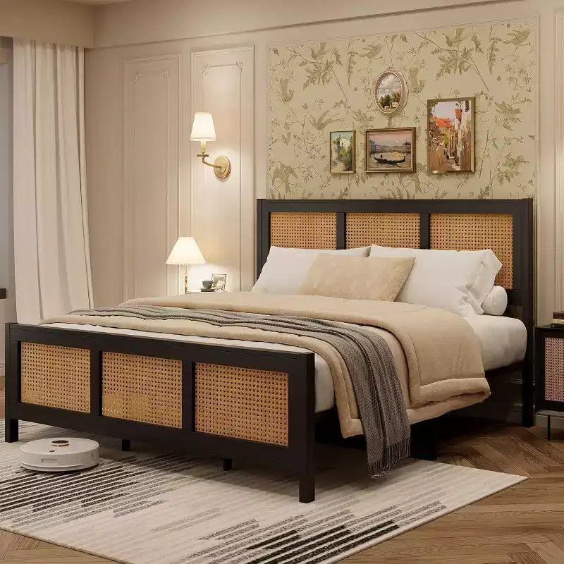 Whizmax Rattan Bed Frame with Headboard, Bed Frame with Strong Metal Slats Support, Noise-Free Design, No Box Spring Needed