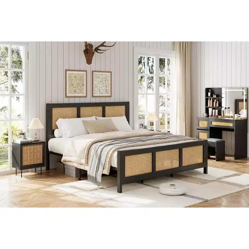 Whizmax Rattan Bed Frame with Headboard, Bed Frame with Strong Metal Slats Support, Noise-Free Design, No Box Spring Needed