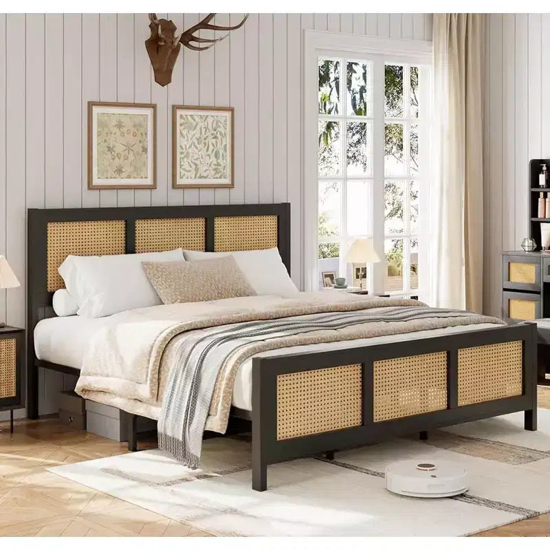 Whizmax Rattan Bed Frame with Headboard, Bed Frame with Strong Metal Slats Support, Noise-Free Design, No Box Spring Needed