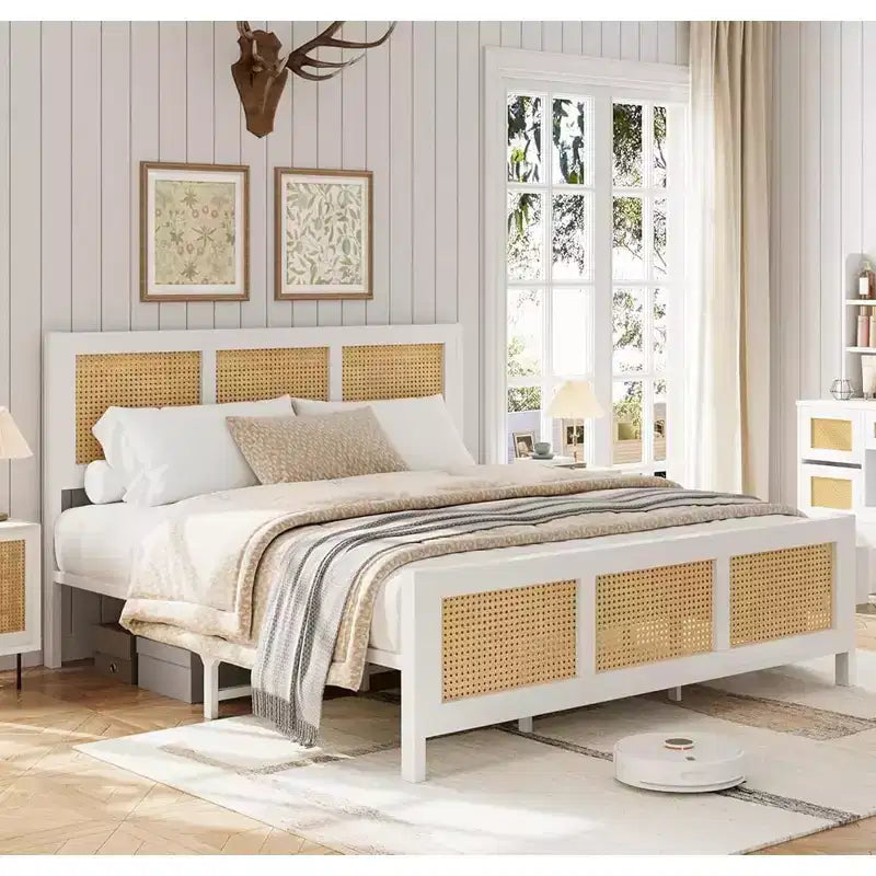 Whizmax Rattan Bed Frame with Headboard, Bed Frame with Strong Metal Slats Support, Noise-Free Design, No Box Spring Needed