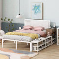 Okak Full Bed Frame with Two-Tier Storage Shelves, Metal Full-size Platform Bed with Wooden Storage Cabinet for Bedroom, Living Room, White