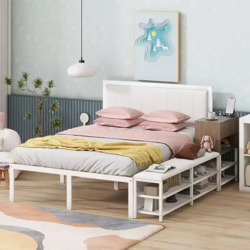 Okak Full Bed Frame with Two-Tier Storage Shelves, Metal Full-size Platform Bed with Wooden Storage Cabinet for Bedroom, Living Room, White