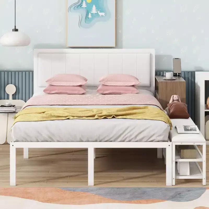 Okak Full Bed Frame with Two-Tier Storage Shelves, Metal Full-size Platform Bed with Wooden Storage Cabinet for Bedroom, Living Room, White