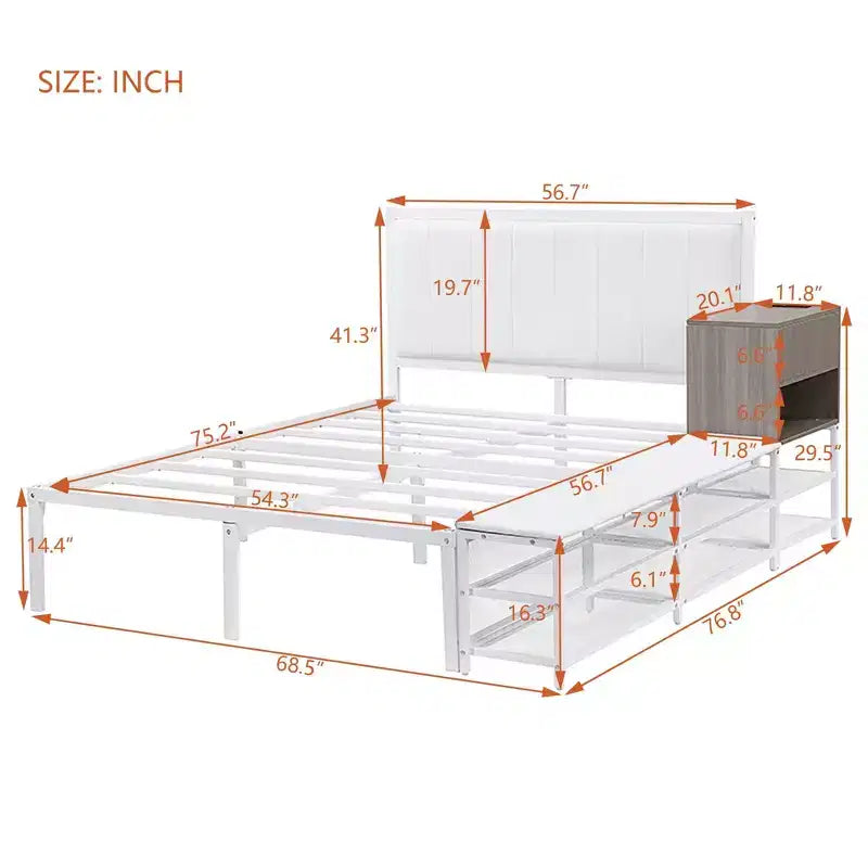 Okak Full Bed Frame with Two-Tier Storage Shelves, Metal Full-size Platform Bed with Wooden Storage Cabinet for Bedroom, Living Room, White