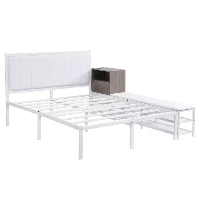 Okak Full Bed Frame with Two-Tier Storage Shelves, Metal Full-size Platform Bed with Wooden Storage Cabinet for Bedroom, Living Room, White