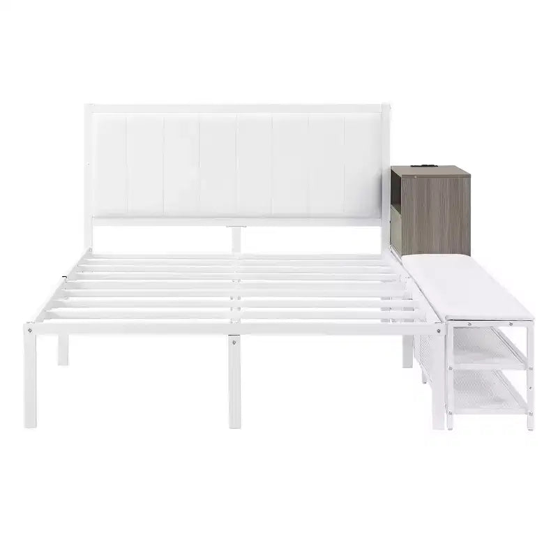 Okak Full Bed Frame with Two-Tier Storage Shelves, Metal Full-size Platform Bed with Wooden Storage Cabinet for Bedroom, Living Room, White