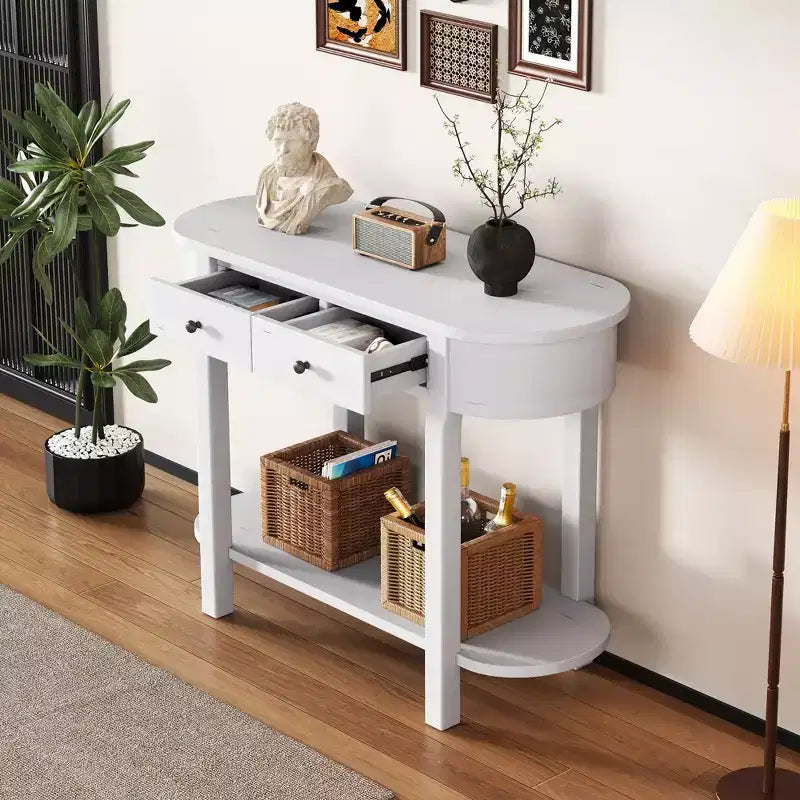 Elegant Retro Console Table with Curved Design and Smooth Glaze for Entryways, Living Rooms and hallways (Antique White)