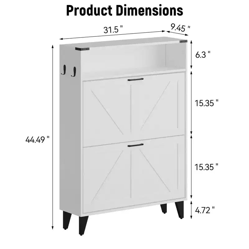 Freestanding Shoe Cabinet 2 Flip Drawers Front Door Shoe Rack with Adjustable Shelf Metal Legs for Entryway 31.5 D x 9.45 W x 44.49 H