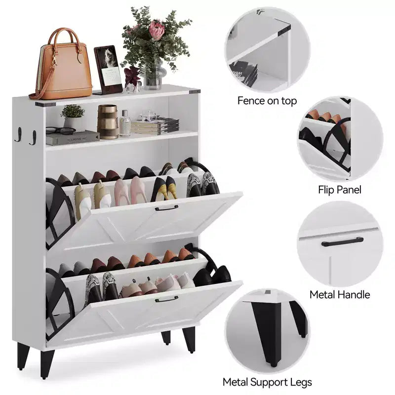 Freestanding Shoe Cabinet 2 Flip Drawers Front Door Shoe Rack with Adjustable Shelf Metal Legs for Entryway 31.5 D x 9.45 W x 44.49 H