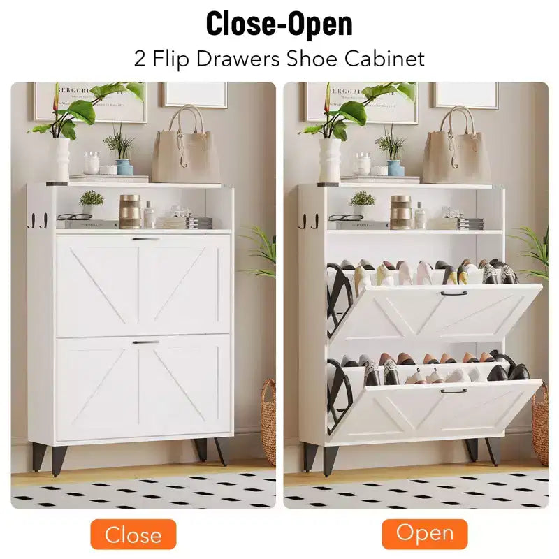 Freestanding Shoe Cabinet 2 Flip Drawers Front Door Shoe Rack with Adjustable Shelf Metal Legs for Entryway 31.5 D x 9.45 W x 44.49 H