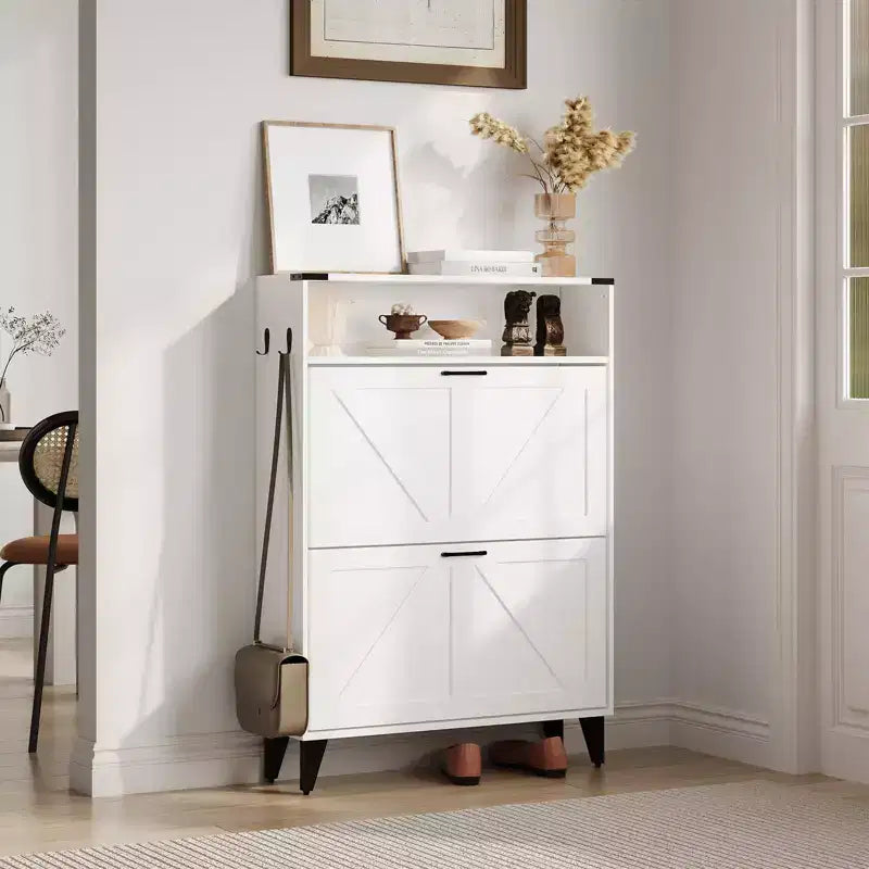 Freestanding Shoe Cabinet 2 Flip Drawers Front Door Shoe Rack with Adjustable Shelf Metal Legs for Entryway 31.5 D x 9.45 W x 44.49 H