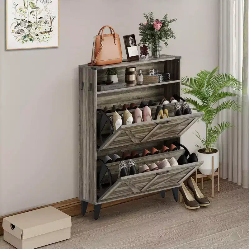 Freestanding Shoe Cabinet 2 Flip Drawers Front Door Shoe Rack with Adjustable Shelf Metal Legs for Entryway 31.5 D x 9.45 W x 44.49 H