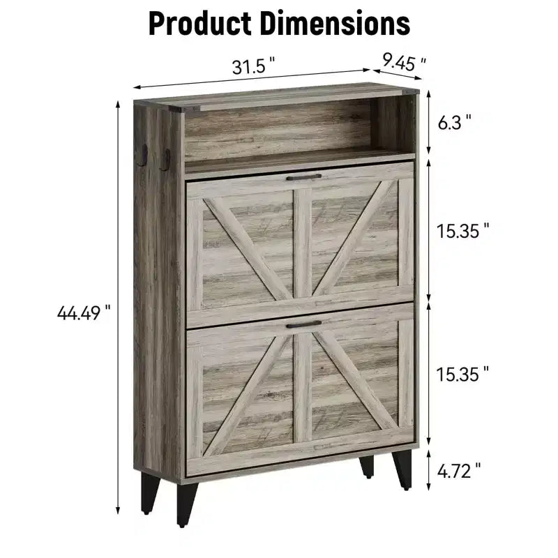 Freestanding Shoe Cabinet 2 Flip Drawers Front Door Shoe Rack with Adjustable Shelf Metal Legs for Entryway 31.5 D x 9.45 W x 44.49 H