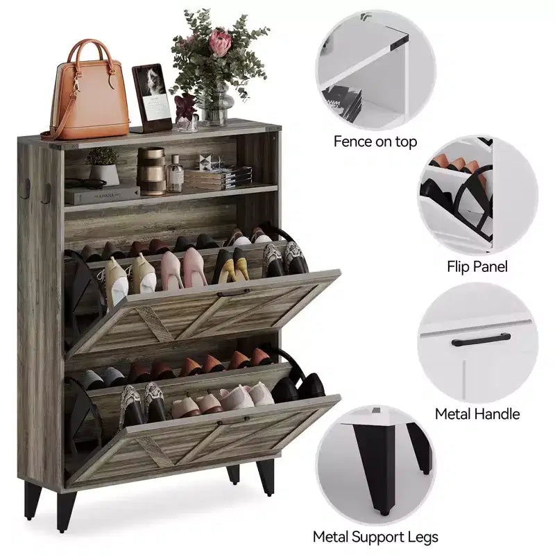 Freestanding Shoe Cabinet 2 Flip Drawers Front Door Shoe Rack with Adjustable Shelf Metal Legs for Entryway 31.5 D x 9.45 W x 44.49 H