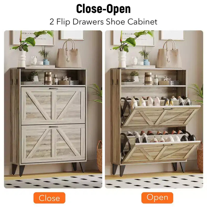 Freestanding Shoe Cabinet 2 Flip Drawers Front Door Shoe Rack with Adjustable Shelf Metal Legs for Entryway 31.5 D x 9.45 W x 44.49 H